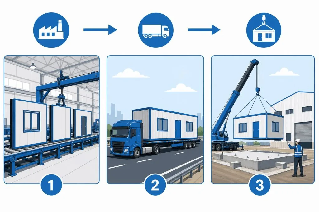 Modular building ordering delivery and installation process infographic
