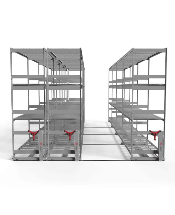 Montel BULK&ROLL mechanical-assist mobile racking with three ranges closed on floor rail