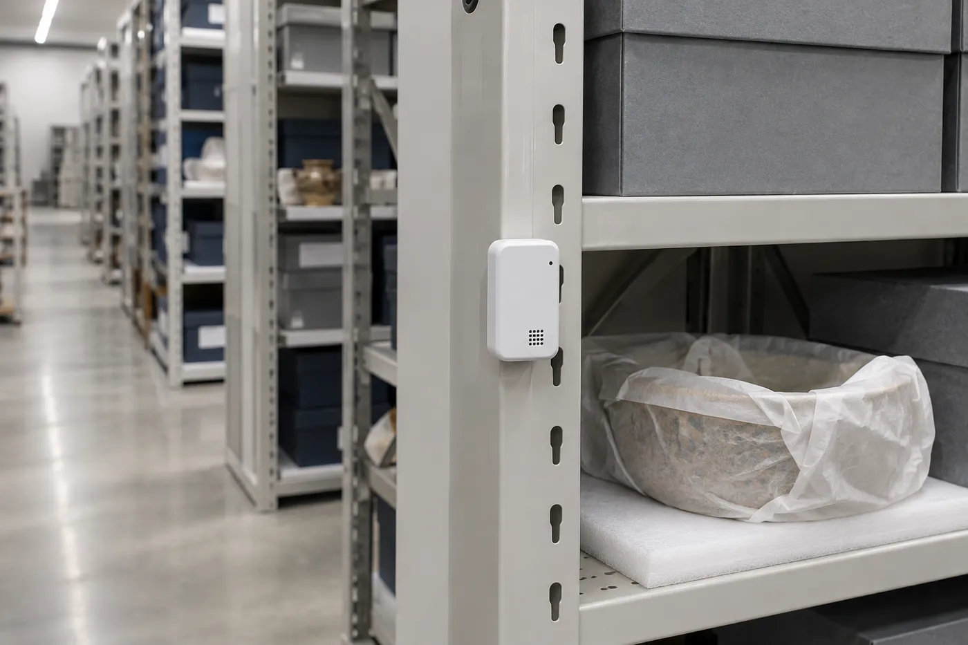 Temperature and humidity data logger mounted on a steel shelving upright next to archival boxes and a tissue-wrapped artifact in a museum storage room