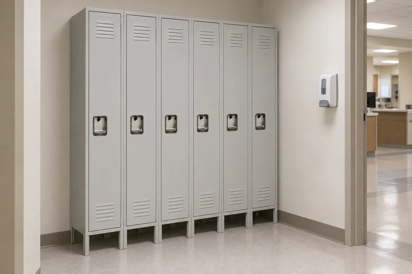 AI-generated illustration of a row of light gray single-tier steel staff lockers in an alcove off a hospital nursing unit corridor
