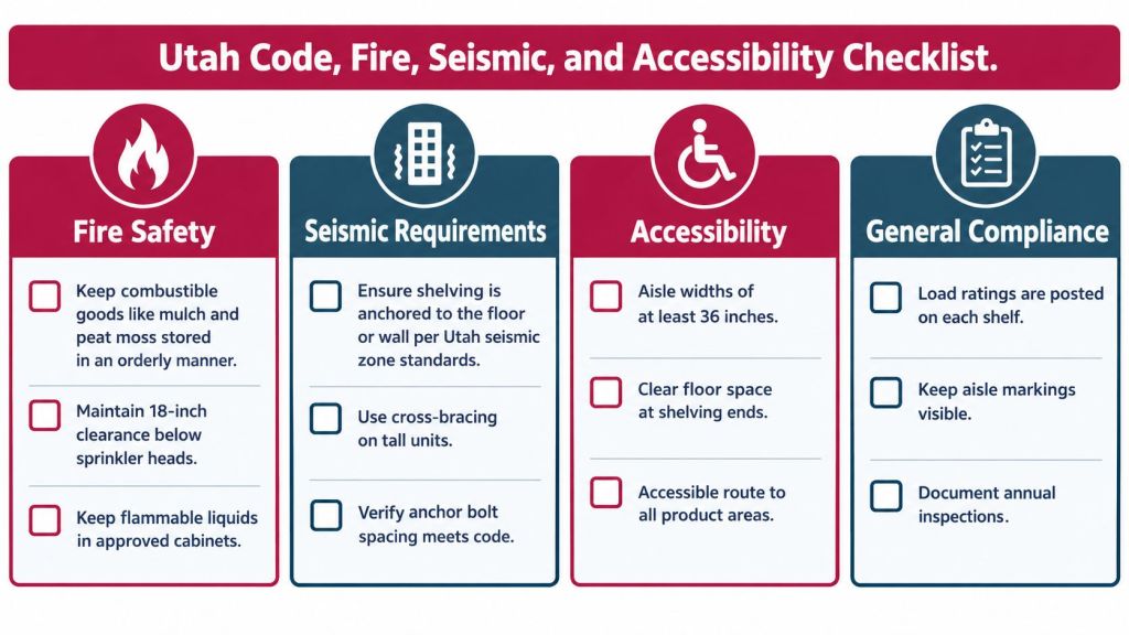 A checklist infographic detailing Utah fire, seismic, and accessibility compliance requirements for storage shelving units.