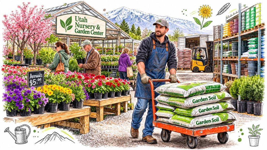A busy nursery and garden center in Utah with employees and customers shopping among plants and supplies.