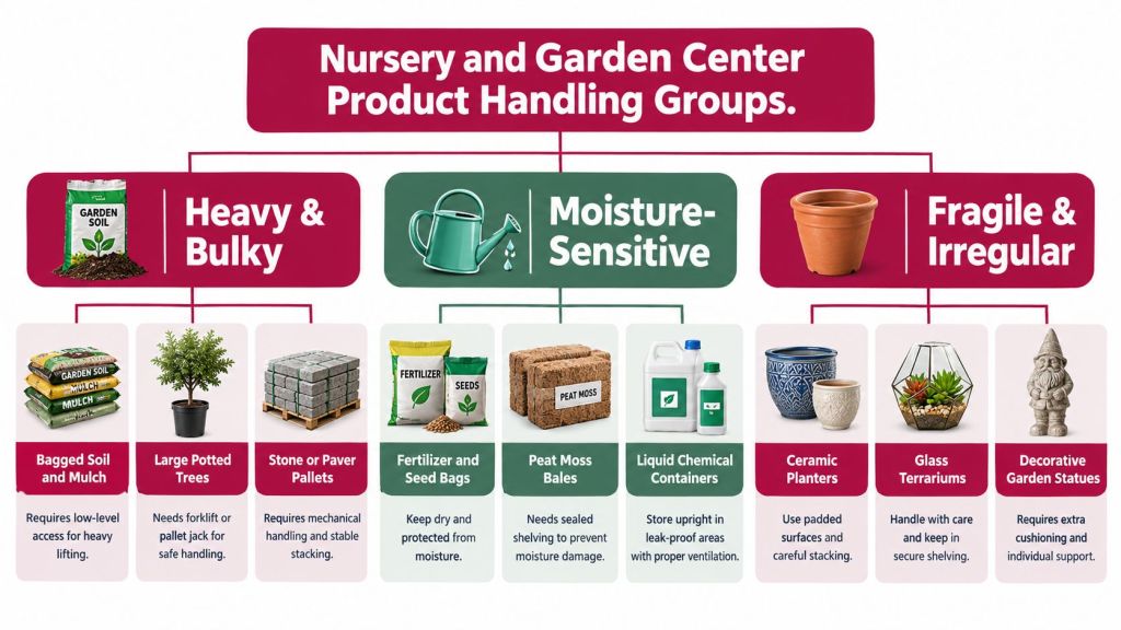 A chart illustrating nursery and garden center product handling groups divided into heavy, moisture-sensitive, and fragile categories.