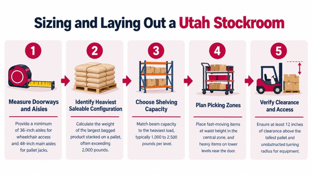 A step-by-step infographic on how to size and lay out a stockroom for effective bulk storage.