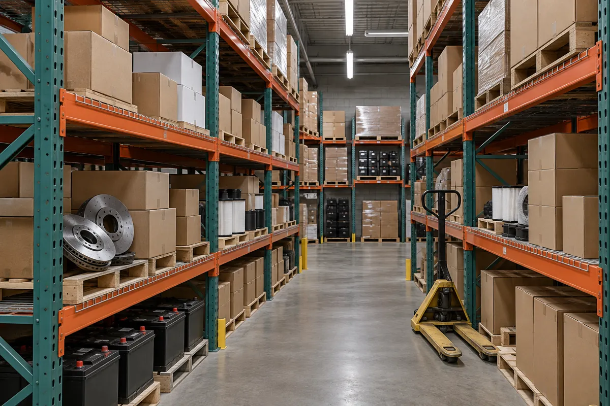 Pallet racking with wire decking storing boxed auto parts, brake rotors, filters and batteries in a Pocatello-area parts warehouse