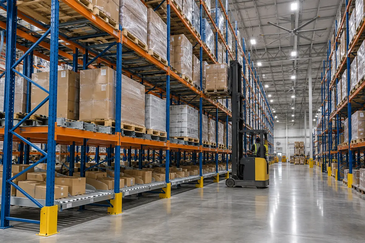 Pallet racking with carton flow lanes at floor level and a reach truck in a large Phoenix-area 3PL fulfillment warehouse