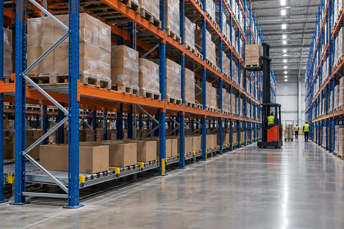 Pallet racking with carton flow lanes at the lowest level in an e-commerce fulfillment warehouse with a reach truck in the aisle