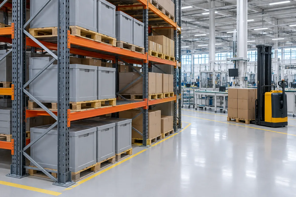 Pallet racking holding component crates and cartons beside a clean electronics manufacturing floor