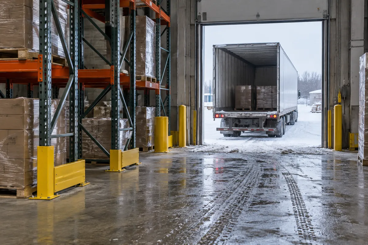 Yellow end-of-aisle guards and column protectors on pallet racking at a snowy winter loading=