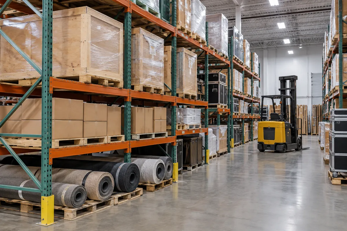 Pallet racking holding wrapped crates, cartons and rolled carpet in a trade show and hospitality supply warehouse