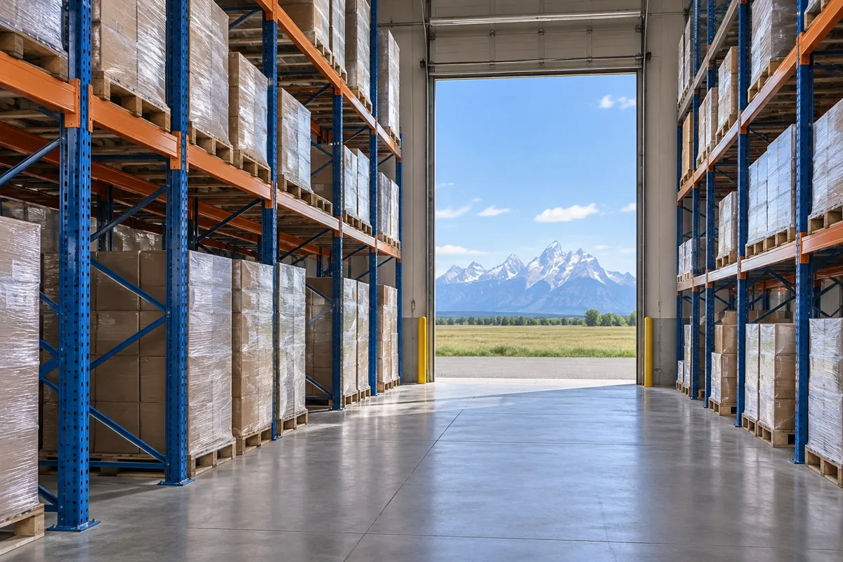 Selective pallet racking loaded with wrapped pallets in an Eastern Idaho distribution warehouse with farmland and the snow-capped Teton peaks through the dock door