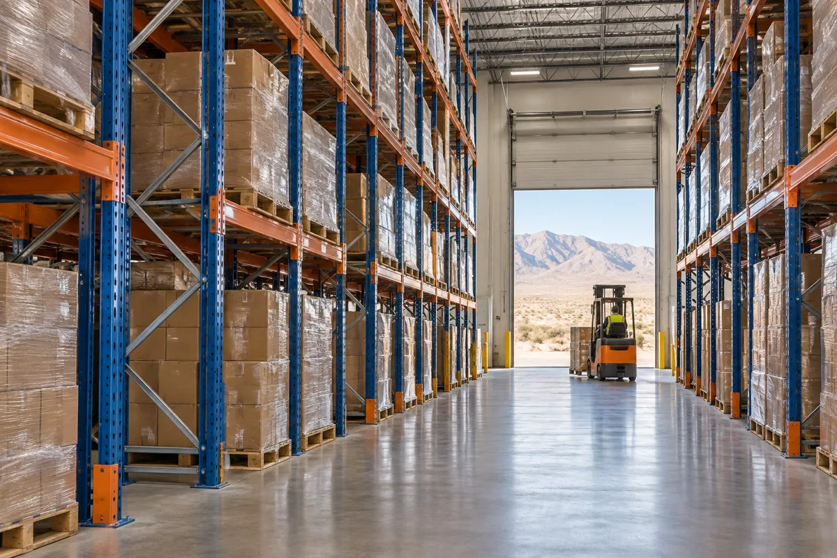 Selective pallet racking loaded with wrapped pallets in a Las Vegas Valley distribution warehouse with desert mountains visible through an open dock door