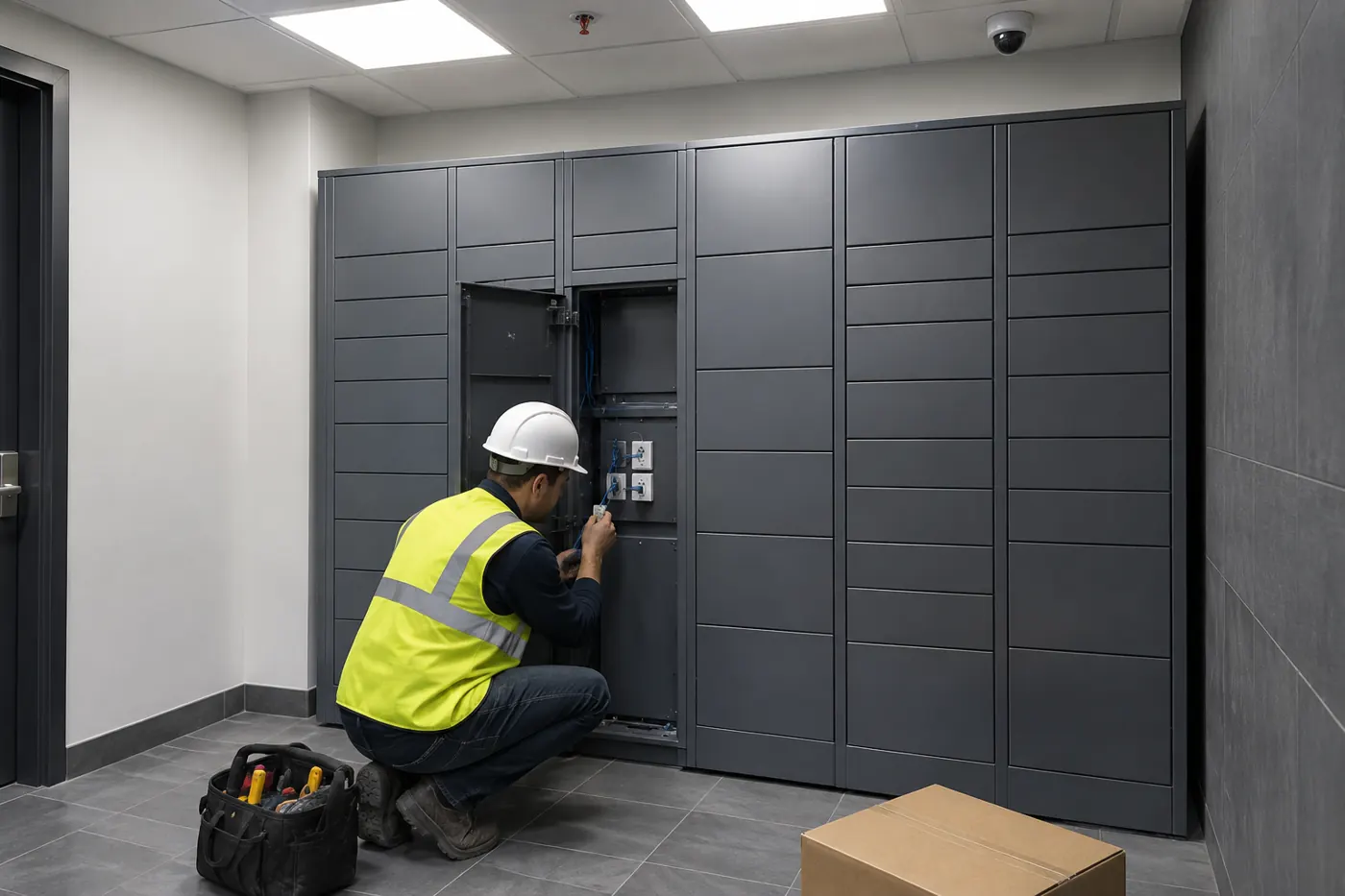 Electrician checking the power outlet and network data jack behind an open smart parcel locker kiosk in an apartment package room, with LED lights, a sprinkler head and a dome camera overhead