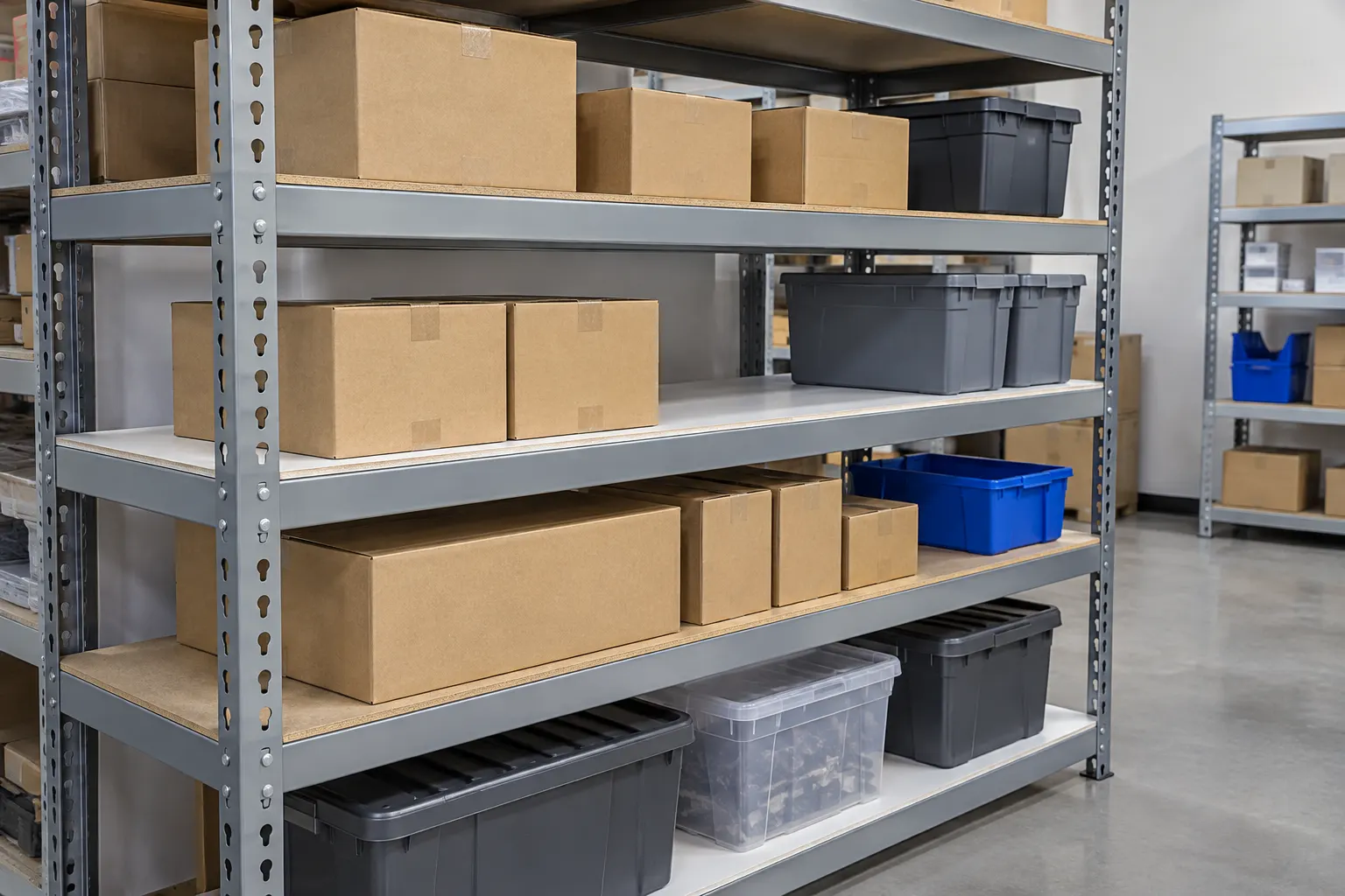 Rivet shelving bay with particle board and white melamine decks for comparison with wire decking