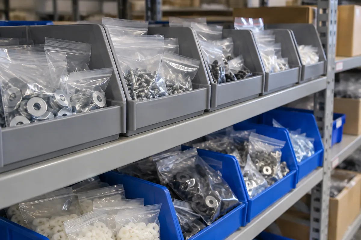 Parts bins on a shelf holding hardware sealed in clear reclosable poly bags