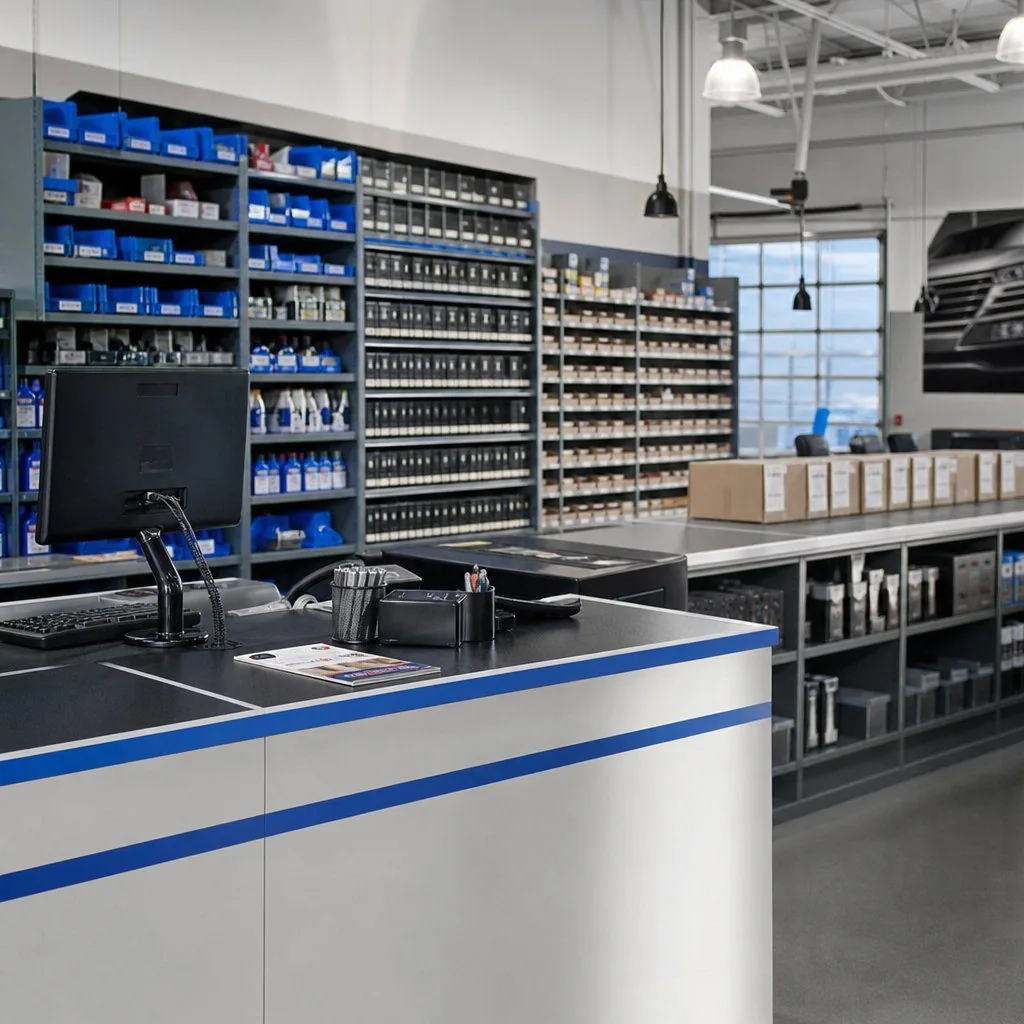 Parts counter with bin shelving and staged orders behind it