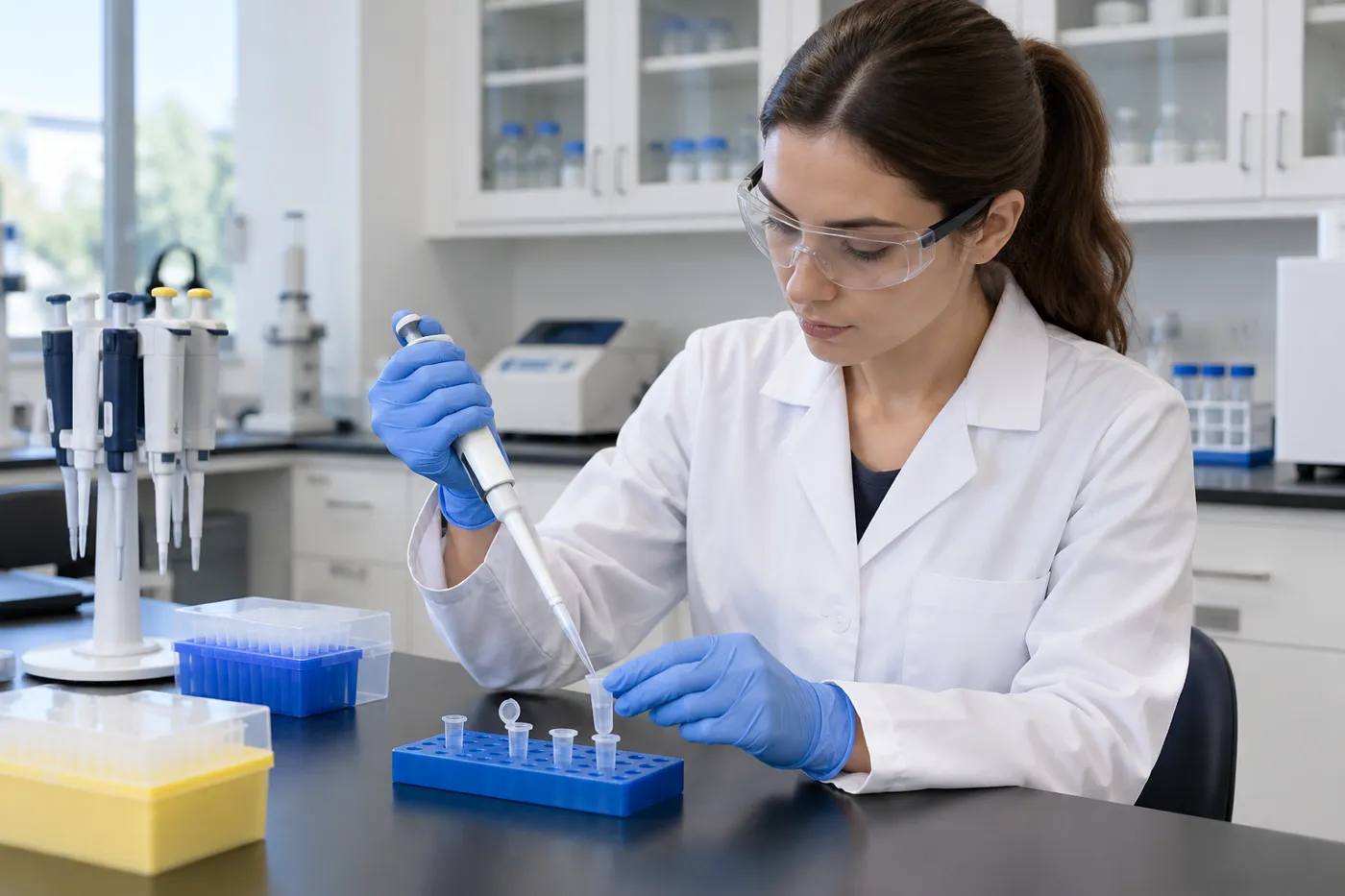 Lab technician pipetting into sample tubes at a resin-top bench with a pipette stand and tip boxes within reach