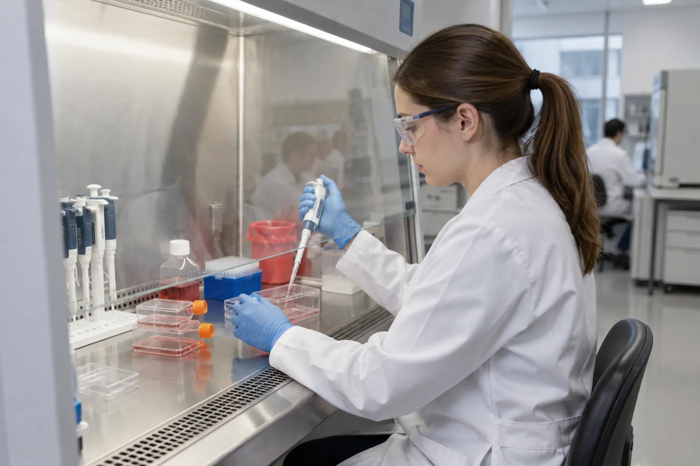 Scientist pipetting cell cultures inside a Class II biological safety cabinet