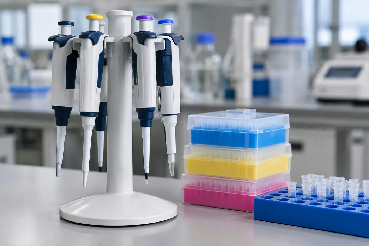 Adjustable micropipettes stored upright in a carousel stand next to pipette tip racks on a lab bench