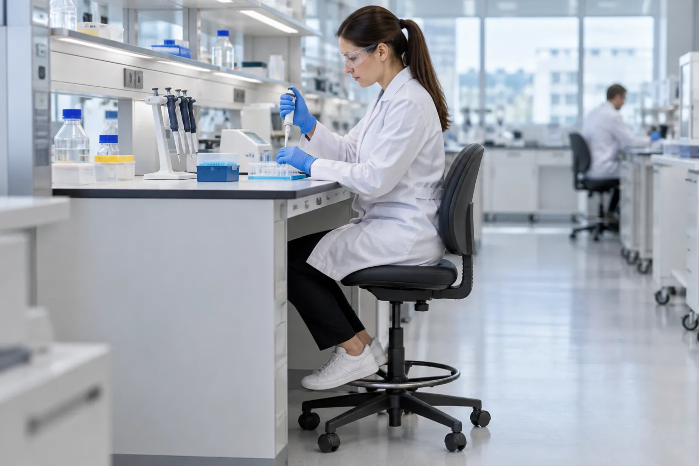 Seated technician pipetting at an adjustable-height laboratory bench with an ergonomic lab chair