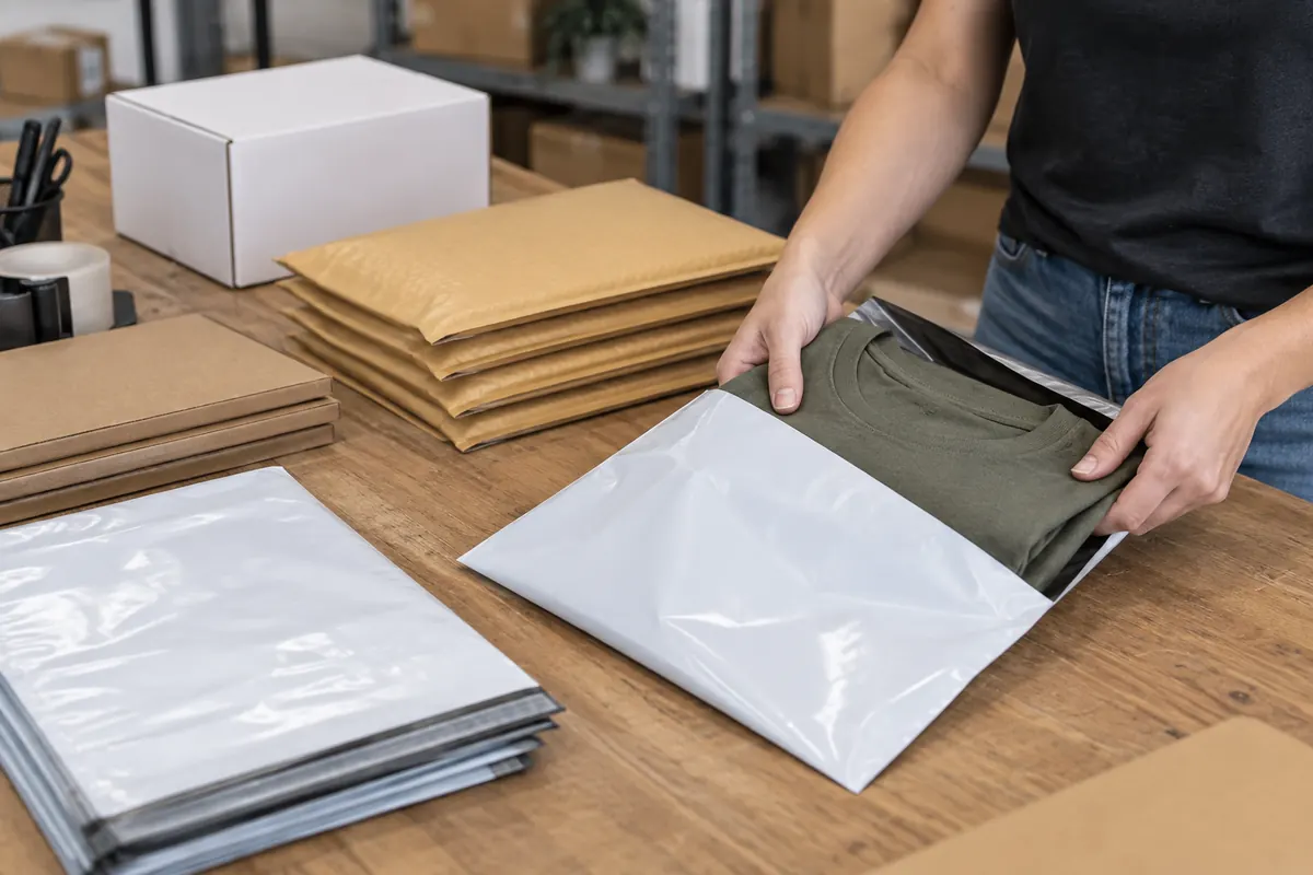 White poly mailers, kraft bubble mailers, a white corrugated mailer and rigid flat mailers on a packing table