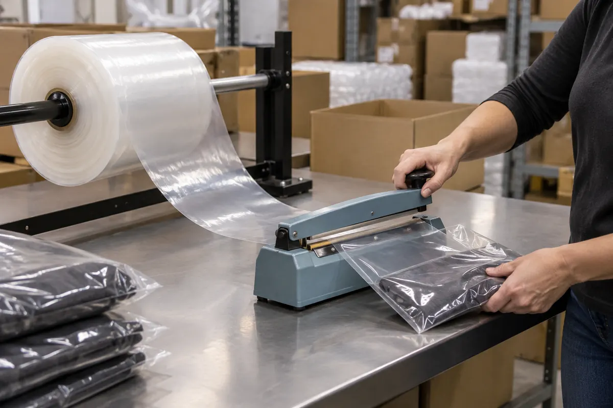 Roll of clear poly tubing on a dispenser beside an impulse heat sealer