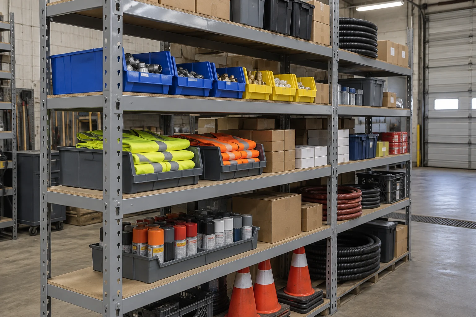 Freestanding boltless shelving in a public works shop holding parts bins, safety vests, spray paint, hose and traffic cones