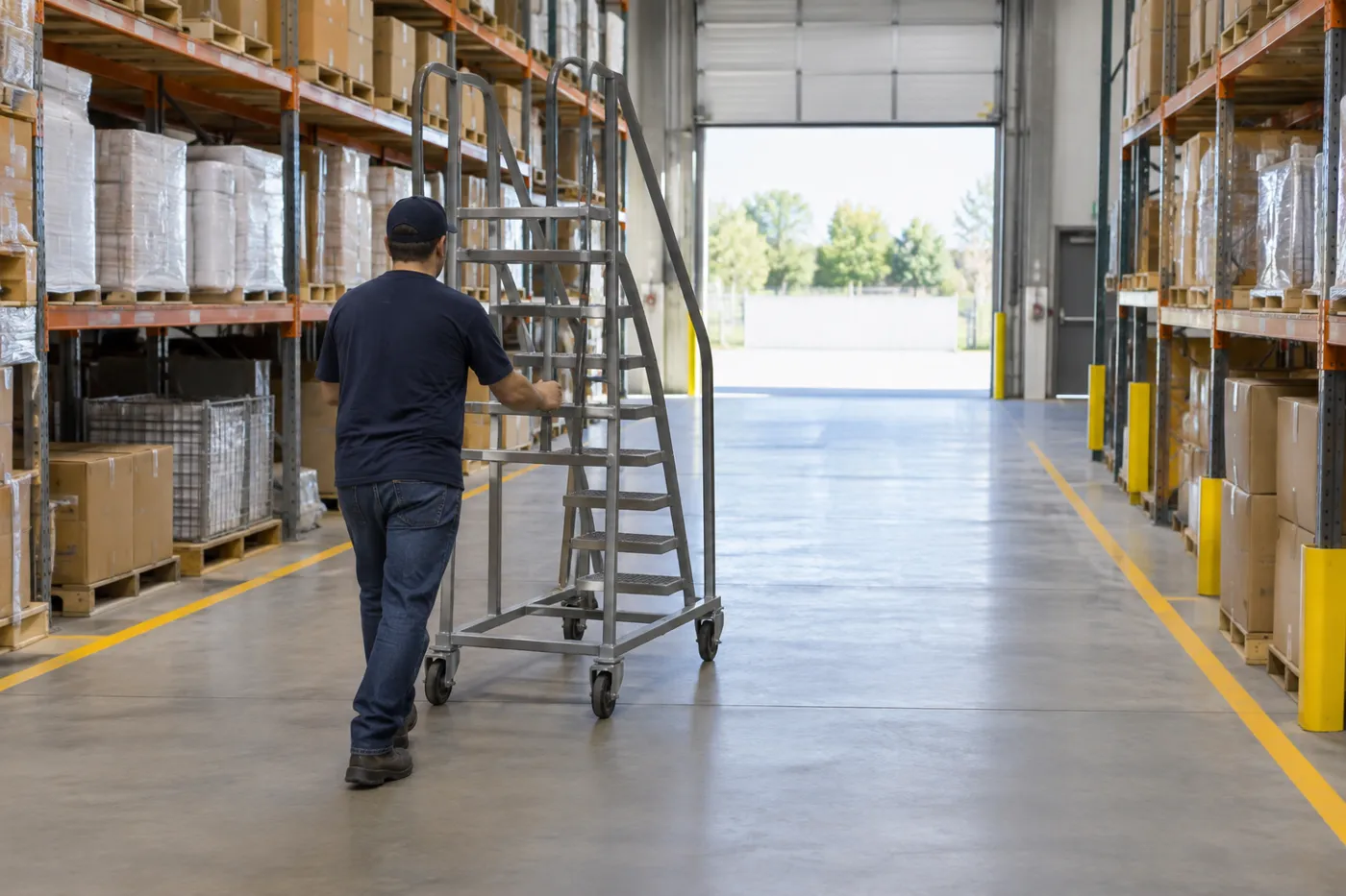 Worker pushing an empty gray rolling warehouse ladder on casters down a distribution center aisle
