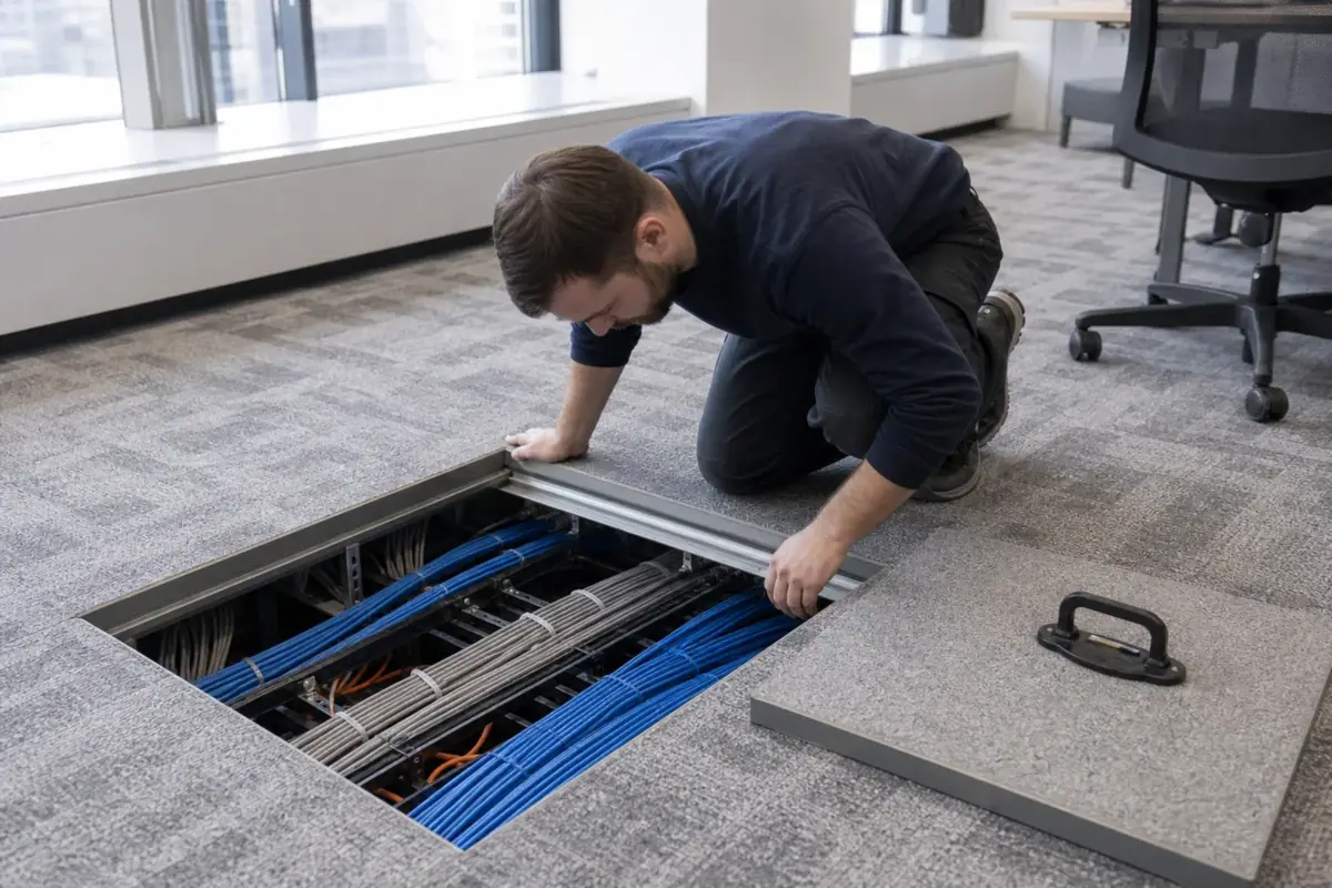 Technician lifting an access floor panel to reach bundled network and power cabling under an office floor