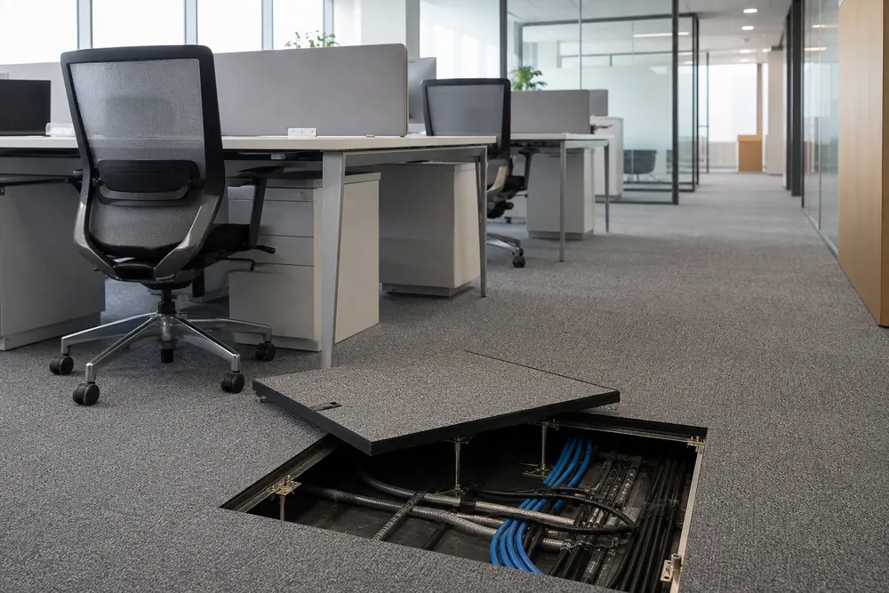 Modern office workstations with monitors and an open access floor panel exposing cabling underneath