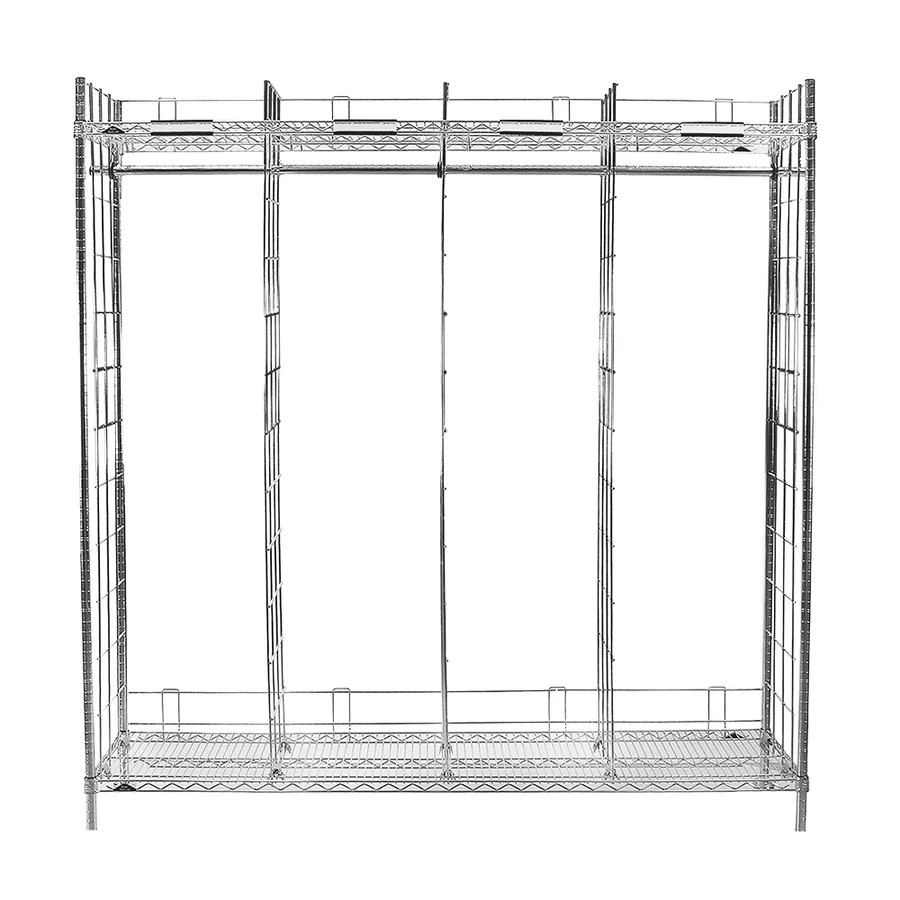 Freestanding chrome Ready Rack turnout gear rack with two wire shelf levels and grid dividers