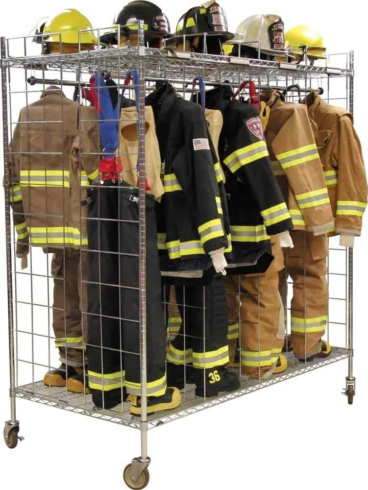 Mobile double-sided chrome Ready Rack loaded with turnout coats, pants and helmets