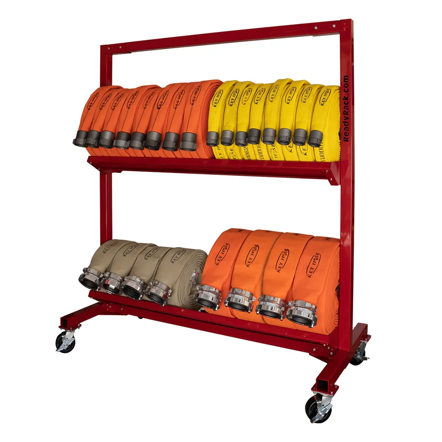 Two-tier red mobile hose cart loaded with rolled fire hose