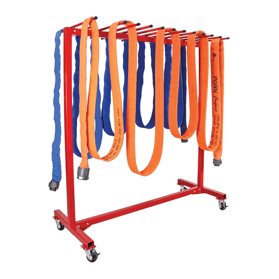Red mobile hose dryer with fire hose draped over the top arms to air dry