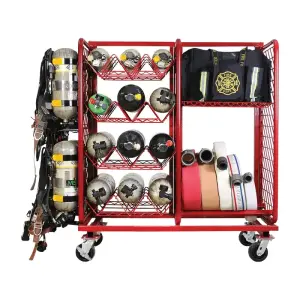 Ready Rack Multiple Purpose Storage System holding SCBA packs, cylinders, gear bags and rolled hose