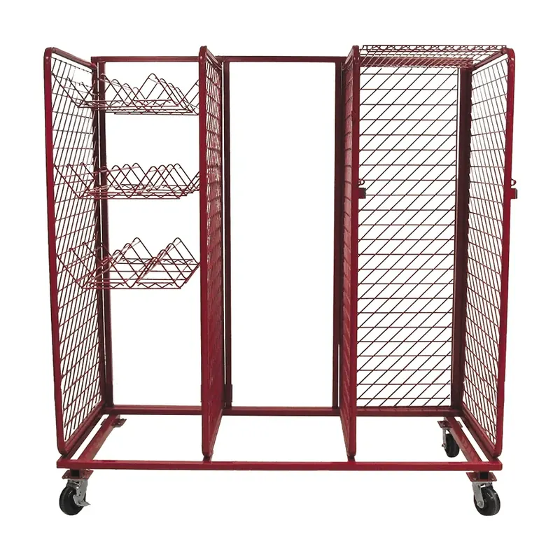 Red S.O.S. multi-purpose rack with V-shelves for cylinders and flat shelves on casters