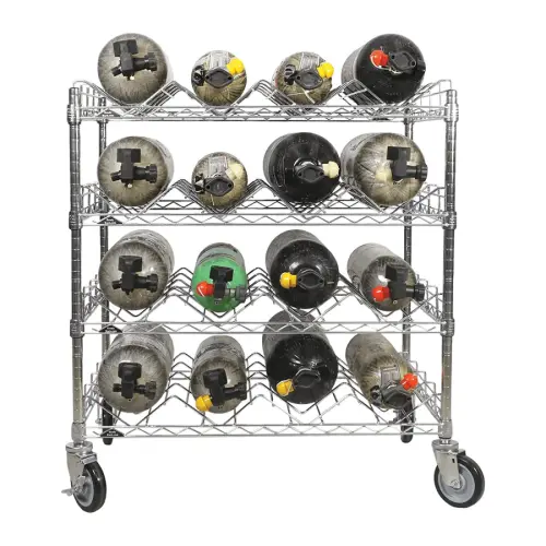 Ready Rack VBR-16 SCBA mobile bottle cart holding 16 air cylinders on four chrome V-shelves