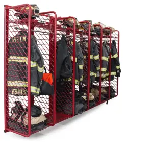 Six-section wall mounted Red Rack turnout gear lockers holding coats, pants, helmets and boots
