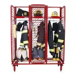 Freestanding Red Rack turnout gear locker with legs, loaded with coats, pants, helmets and boots