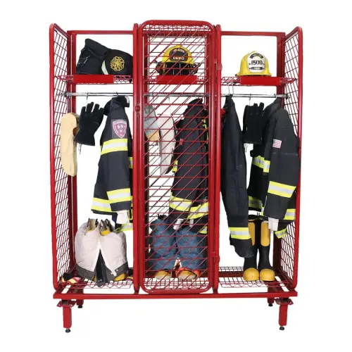 Freestanding Red Rack turnout gear locker with legs, loaded with coats, pants, helmets and Freestanding Red Rack turnout gear locker with legs, loaded with coats, pants, helmets and boots