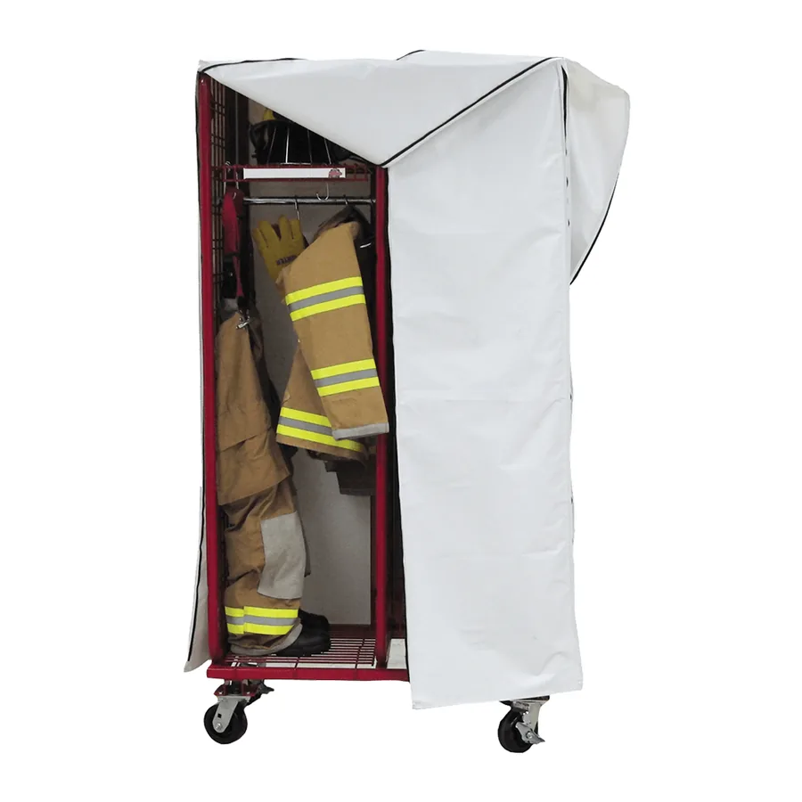 Gear Guard UV cover partly unzipped on a mobile Red Rack turnout gear locker