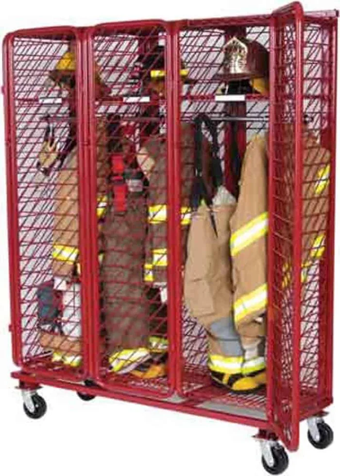 Mobile Red Rack turnout gear locker on casters holding bunker gear