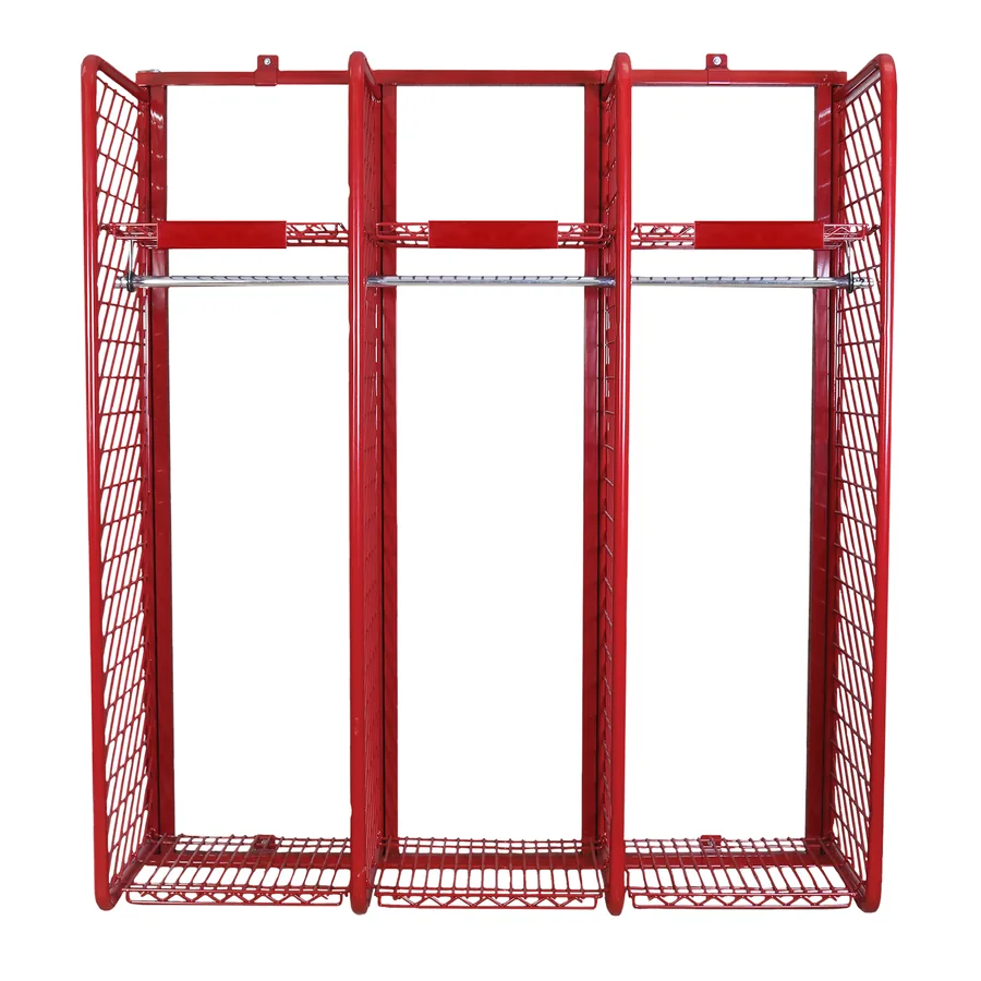 Three-section wall mounted Red Rack turnout gear locker with metal name plates