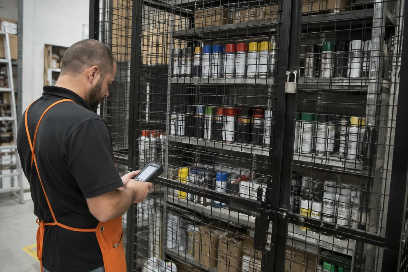 Store employee scanning stock outside a padlocked wire mesh cage holding spray paint and aerosol cleaners
