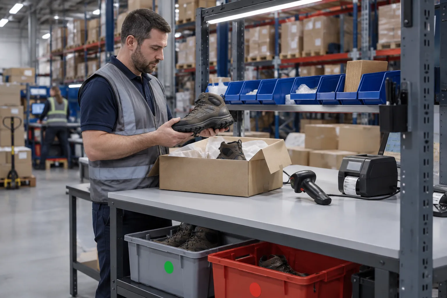 Returns processing workbench where a worker inspects a returned boot, with a task light, bin rail, scanner, label printer and sorted totes below