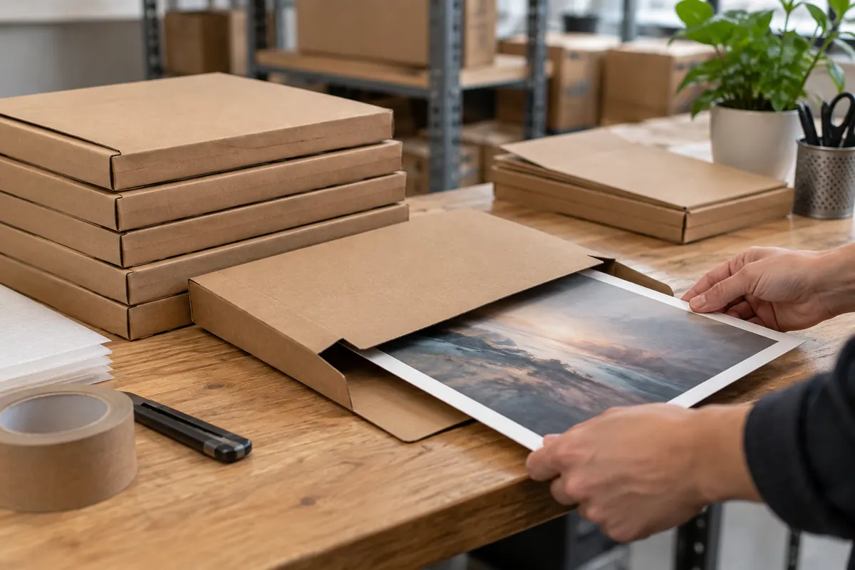 Stack of rigid kraft flat mailers with a photo print sliding into one