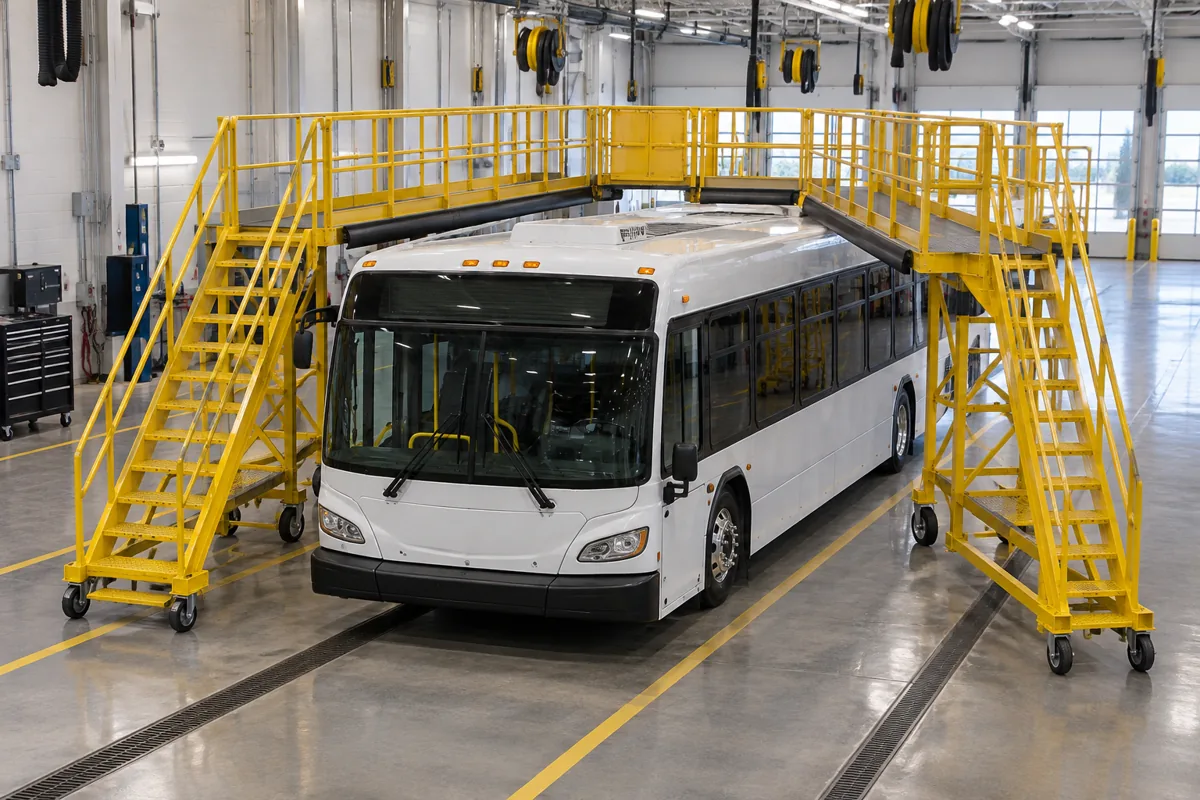 Two yellow rolling bus roof platforms with stairways parked on both sides of a white transit bus and joined by a gated walkway across the front of the roof