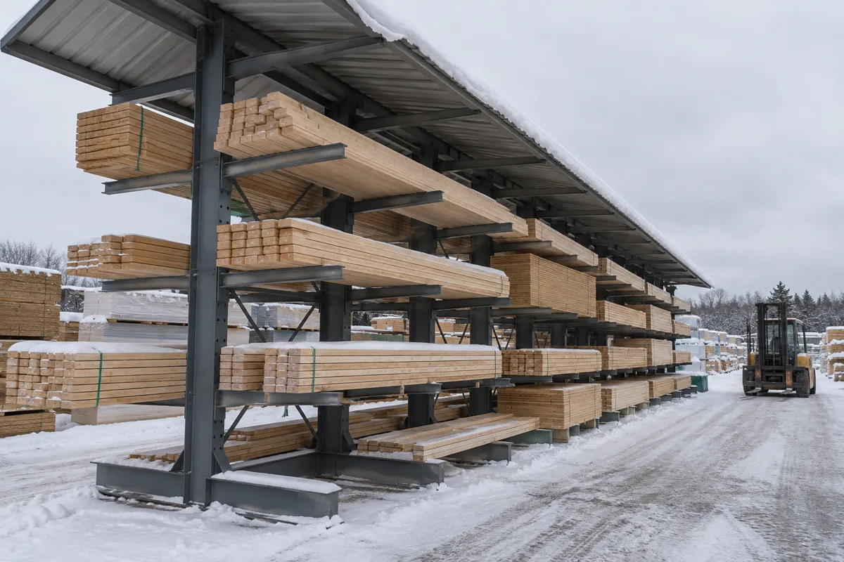 Double-sided cantilever rack with a roof canopy holding lumber bundles in a snowy Eastern Idaho building materials yard