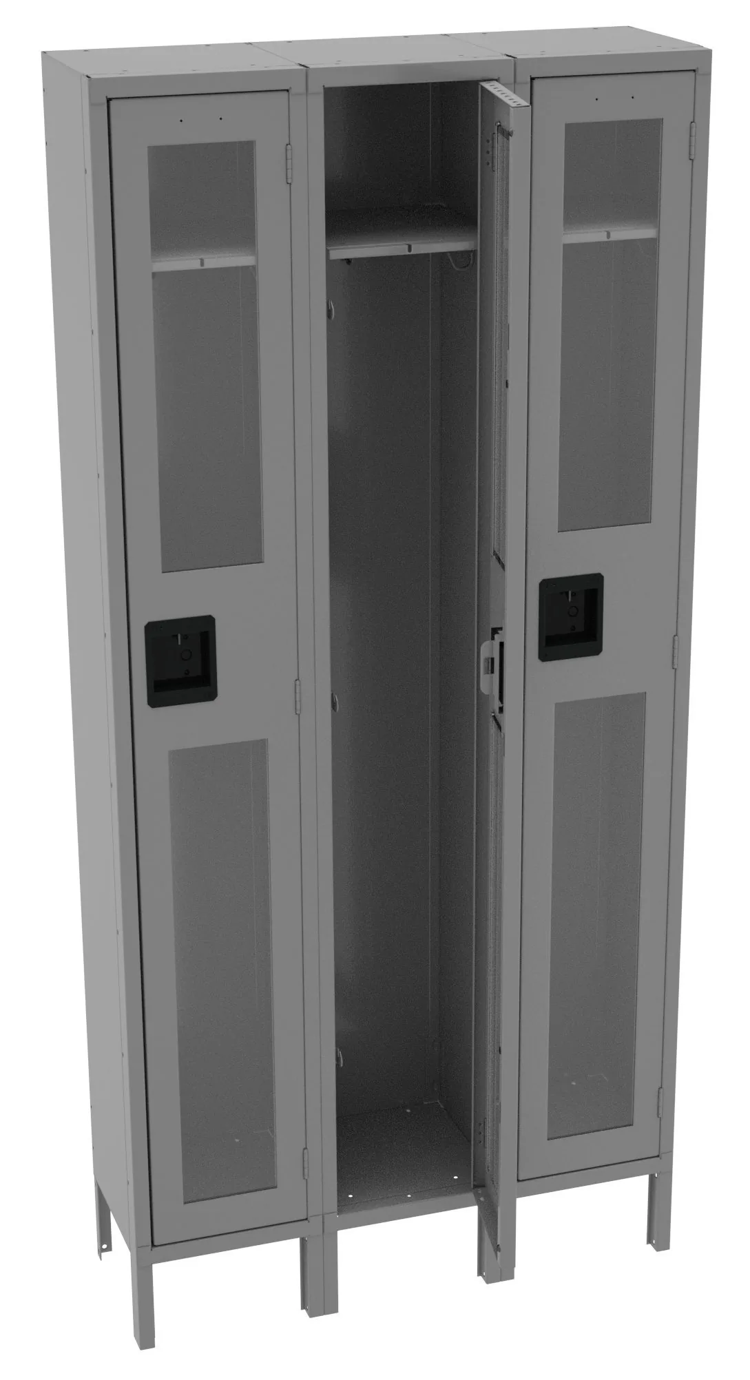 Tennsco three-wide single-tier C-Thru locker in medium grey with clear door panels