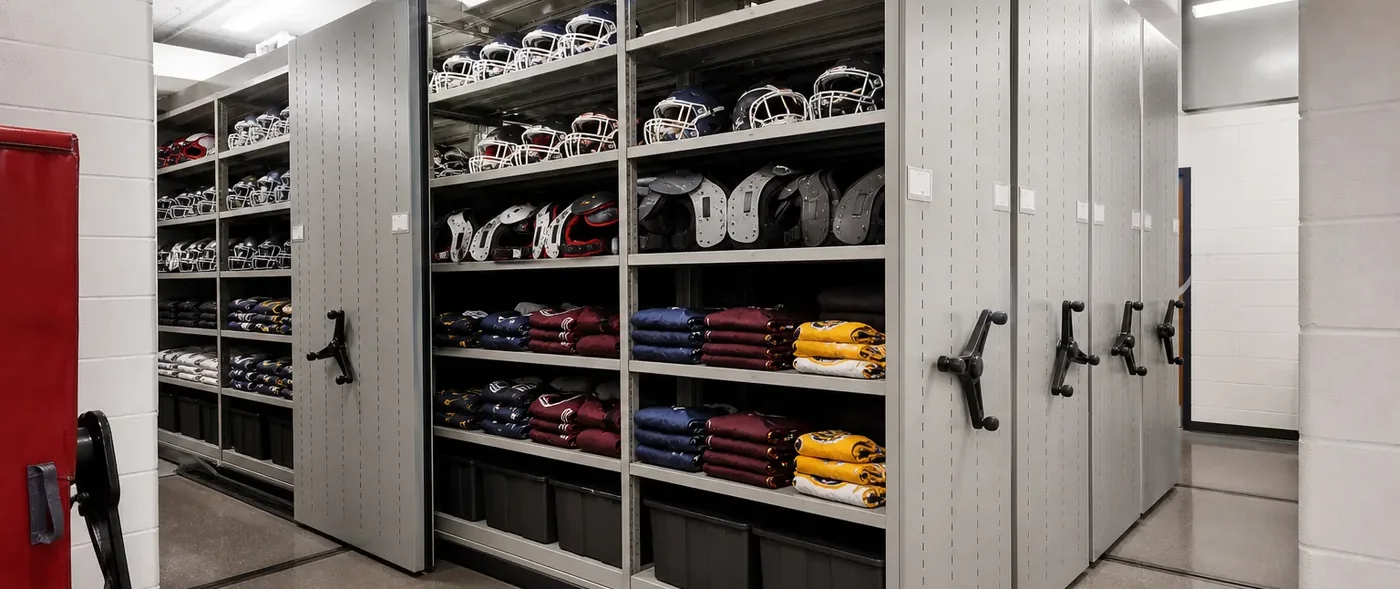 School athletic equipment room with gray mobile shelving carriages holding football helmets, shoulder pads, folded uniforms and storage bins